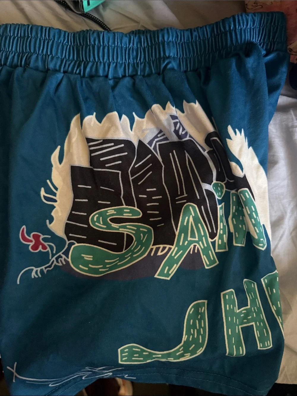 SHEIN Teal Graphic Elastic Waist Shorts with White and Green Accents